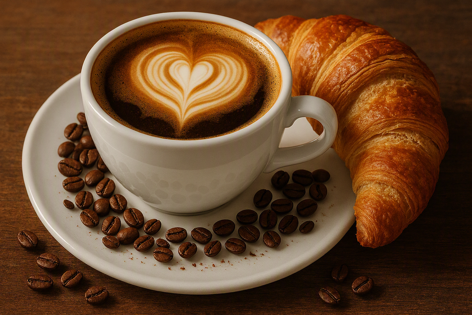 Latte art heart with a fresh croissant at Vapor Coffee Lab